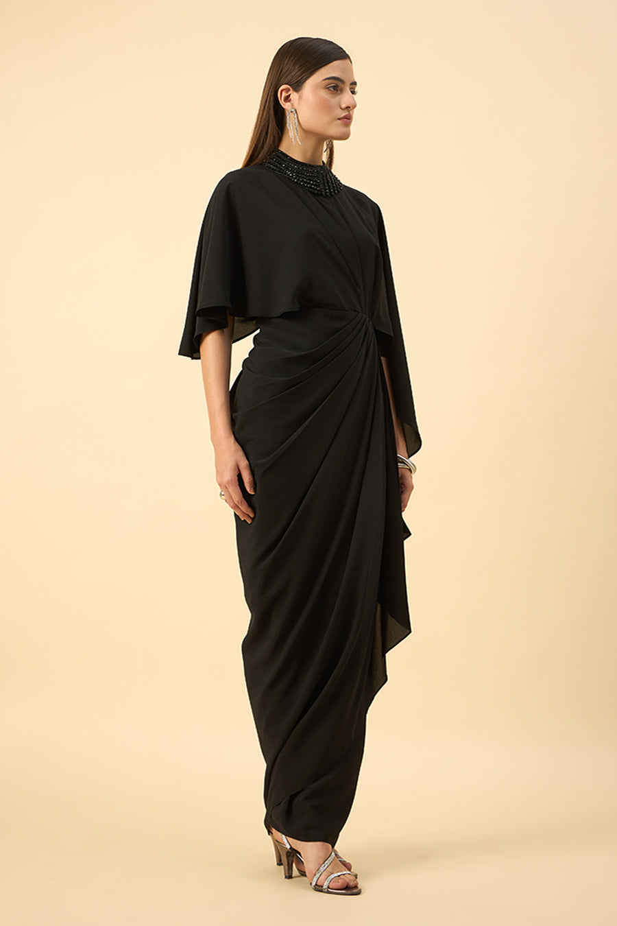 Black Crystal Embroidered Drape Dress
