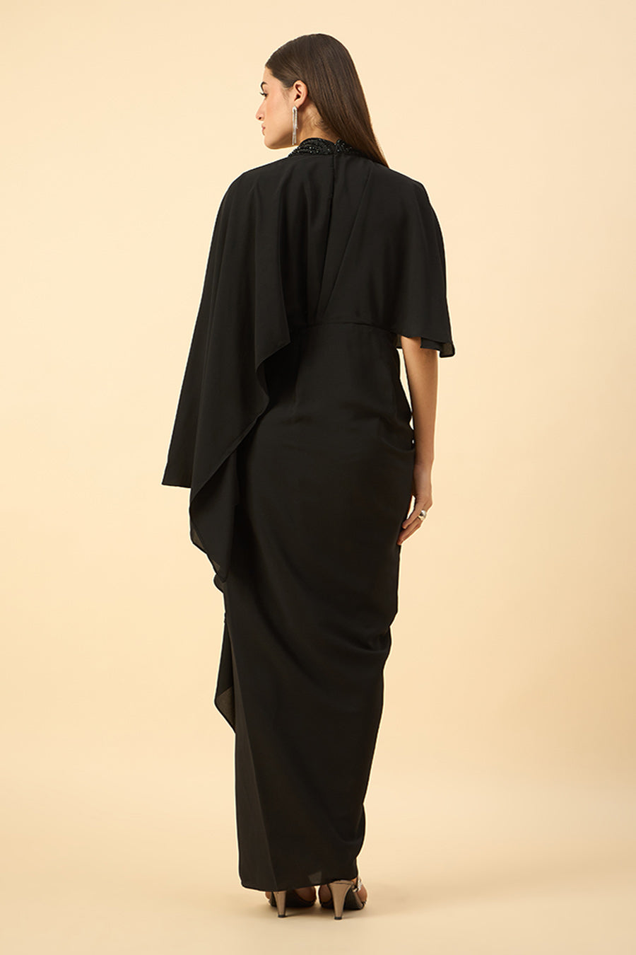 Black Crystal Embroidered Drape Dress