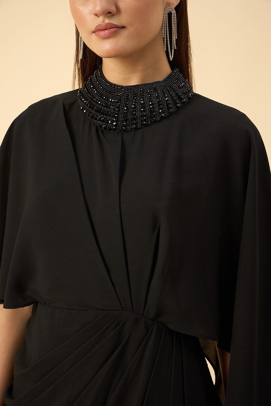 Black Crystal Embroidered Drape Dress