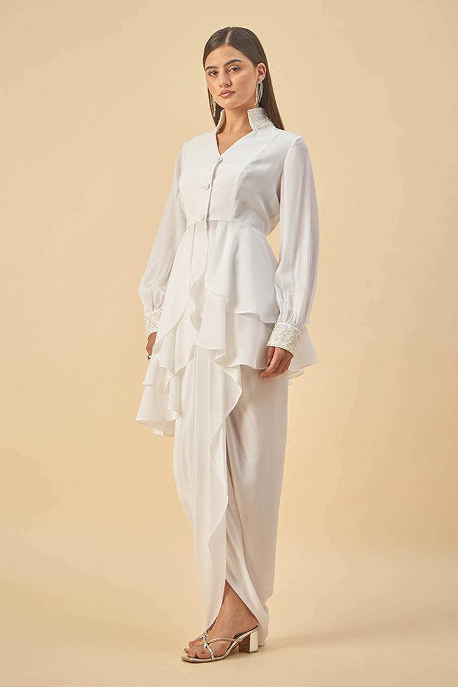 White Crystal Embroidered Peplum Co-Ord Set