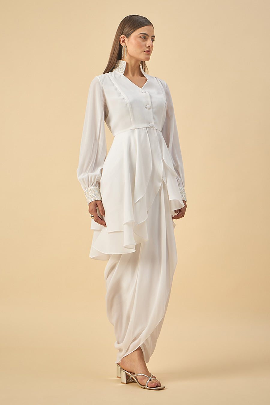 White Crystal Embroidered Peplum Co-Ord Set