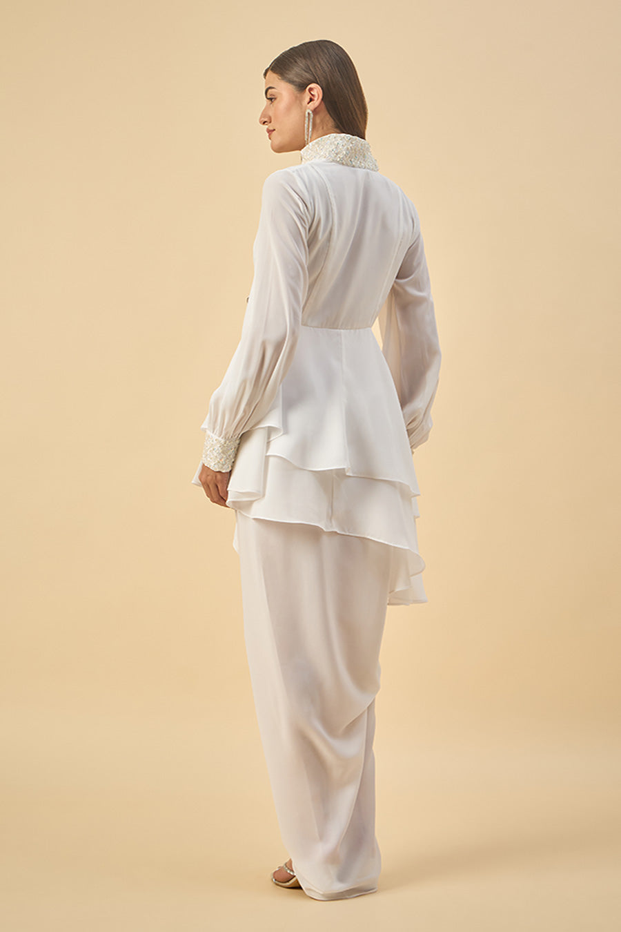 White Crystal Embroidered Peplum Co-Ord Set