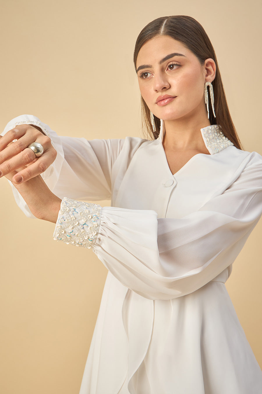 White Crystal Embroidered Peplum Co-Ord Set