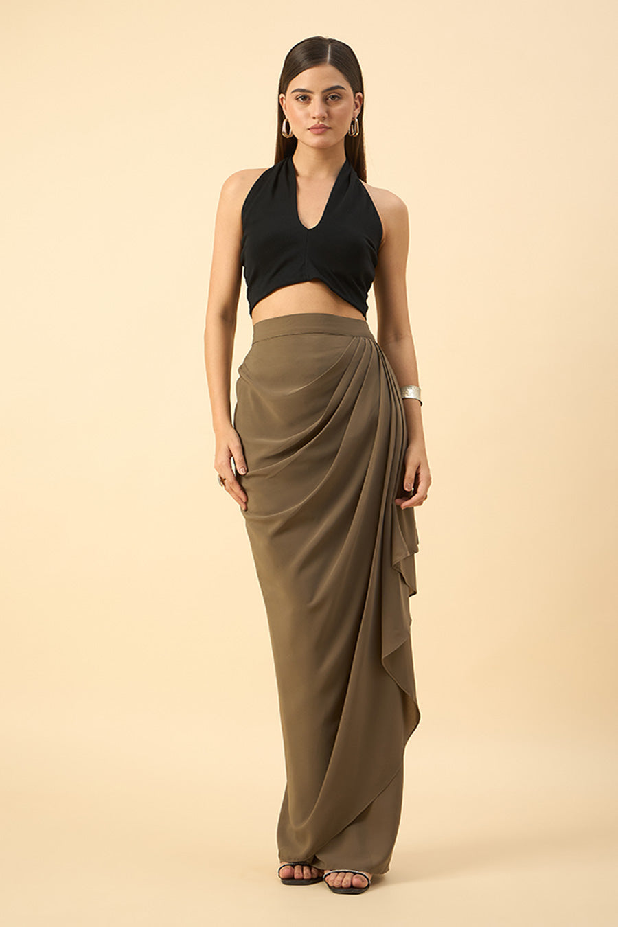 Olive-Grey Side Drape Skirt