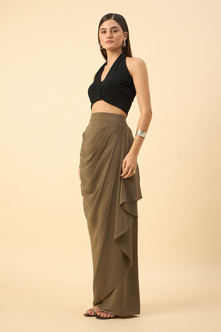 Olive-Grey Side Drape Skirt