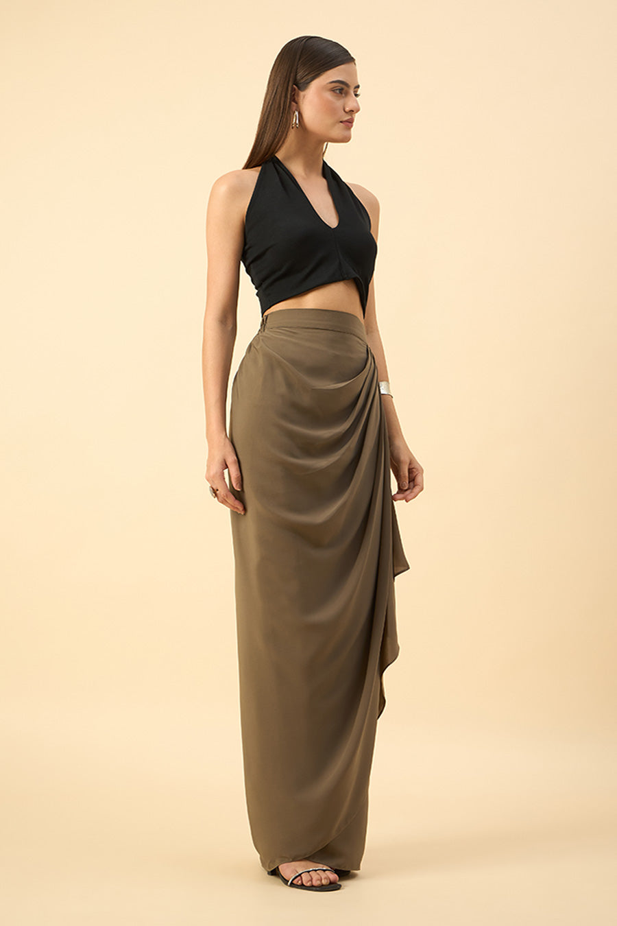 Olive-Grey Side Drape Skirt