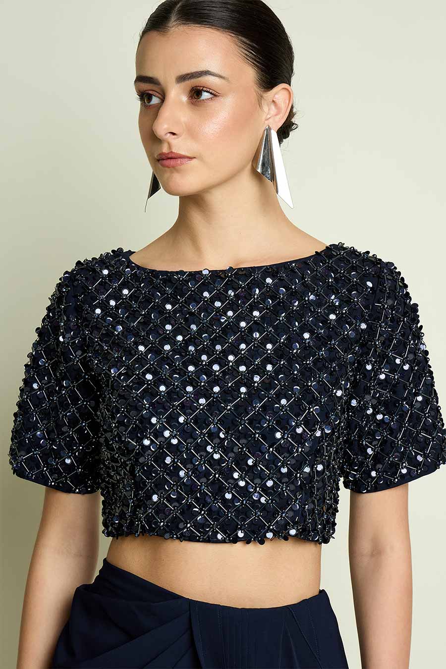 Navy Blue Pre-Draped Saree With Embellished Blouse
