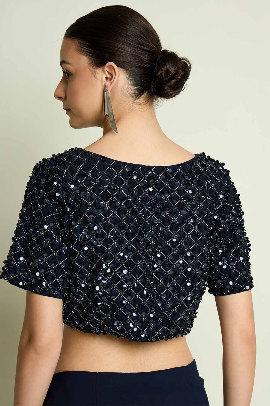 Navy Blue Pre-Draped Saree With Embellished Blouse