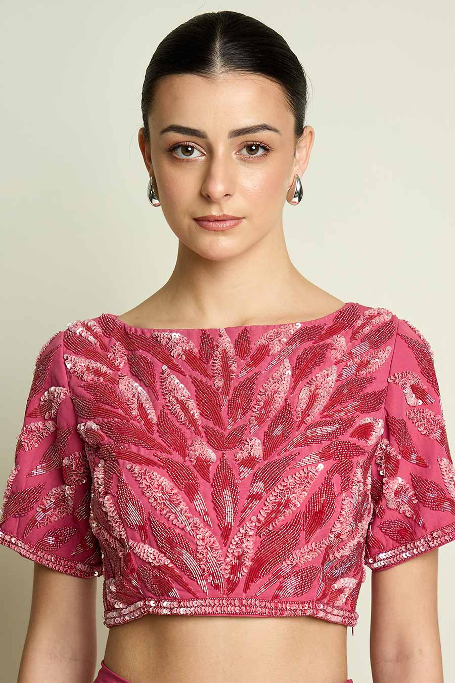 Pink Pre-Draped Saree With Embellished Blouse