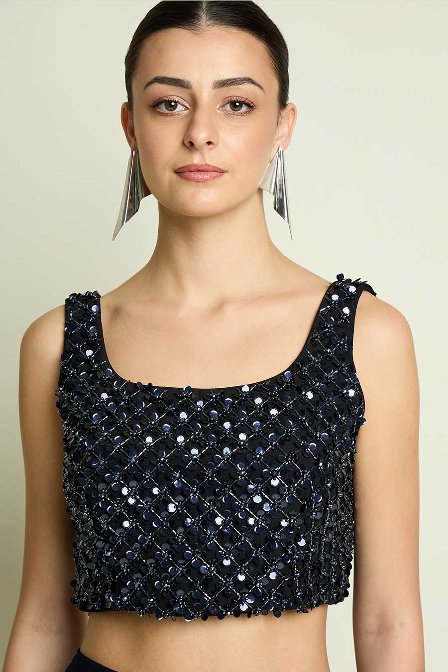 Navy Blue Pre-Draped Saree With Embellished Blouse