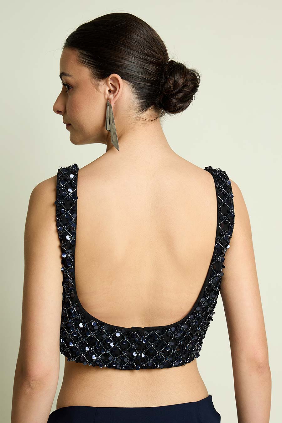 Navy Blue Pre-Draped Saree With Embellished Blouse