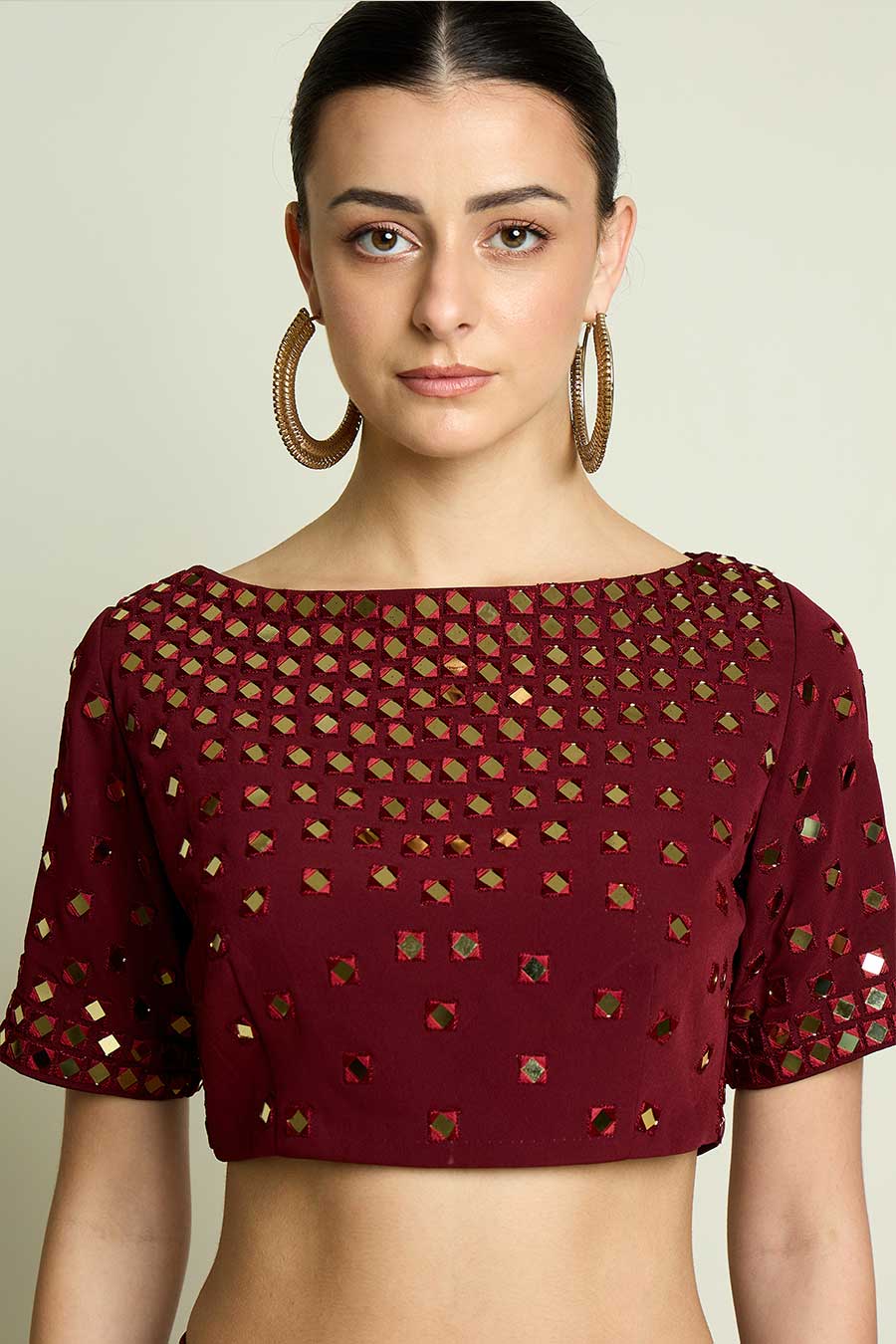 Wine Pre-Draped Saree With Embellished Blouse