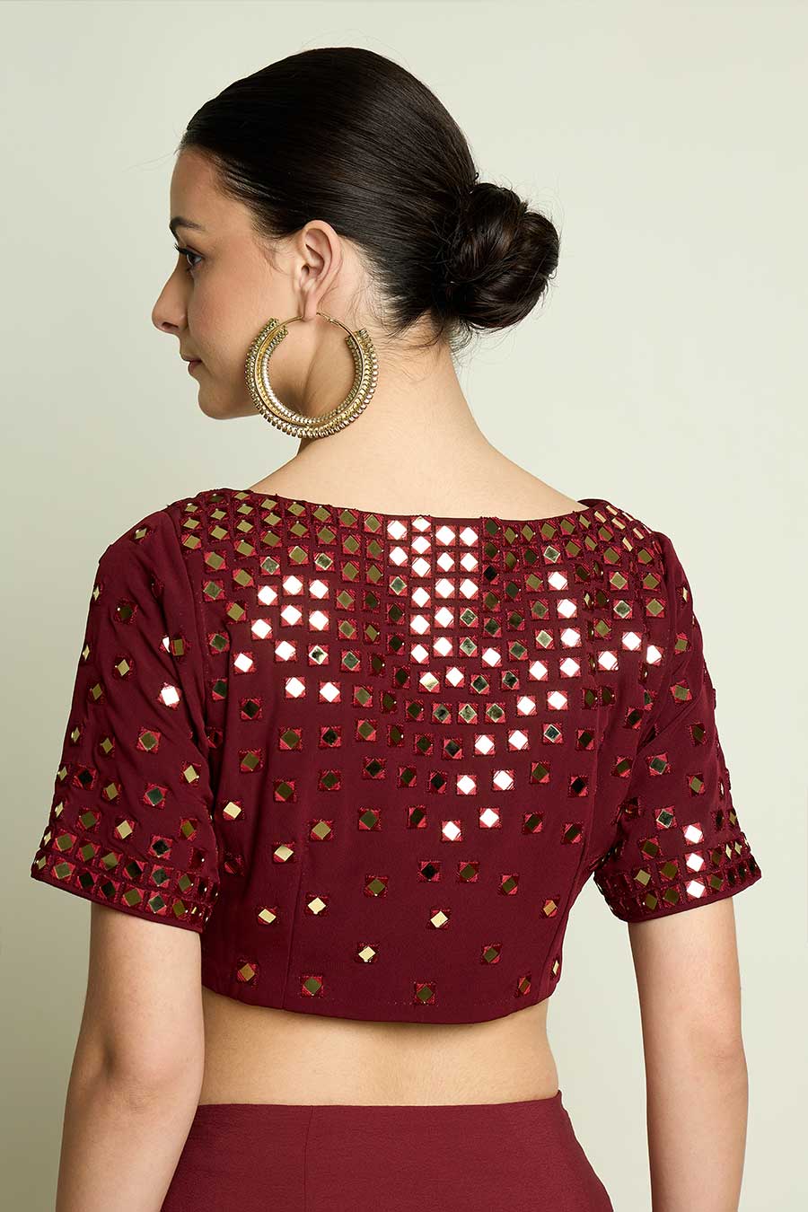 Wine Pre-Draped Saree With Embellished Blouse