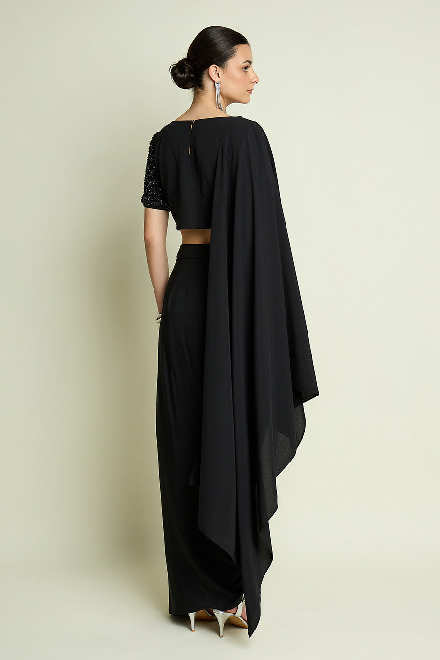 Stellar Noir Pre-Draped Saree With Embellished Blouse