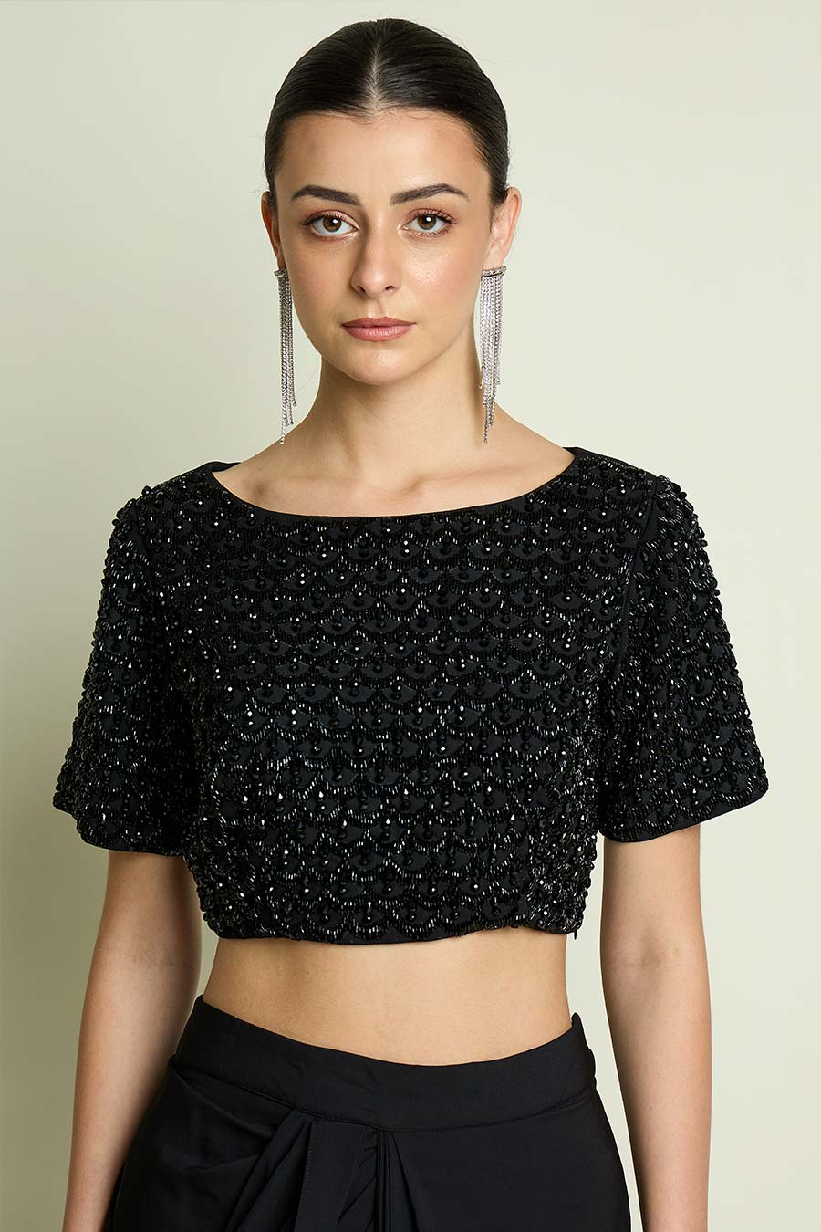 Stellar Noir Pre-Draped Saree With Embellished Blouse