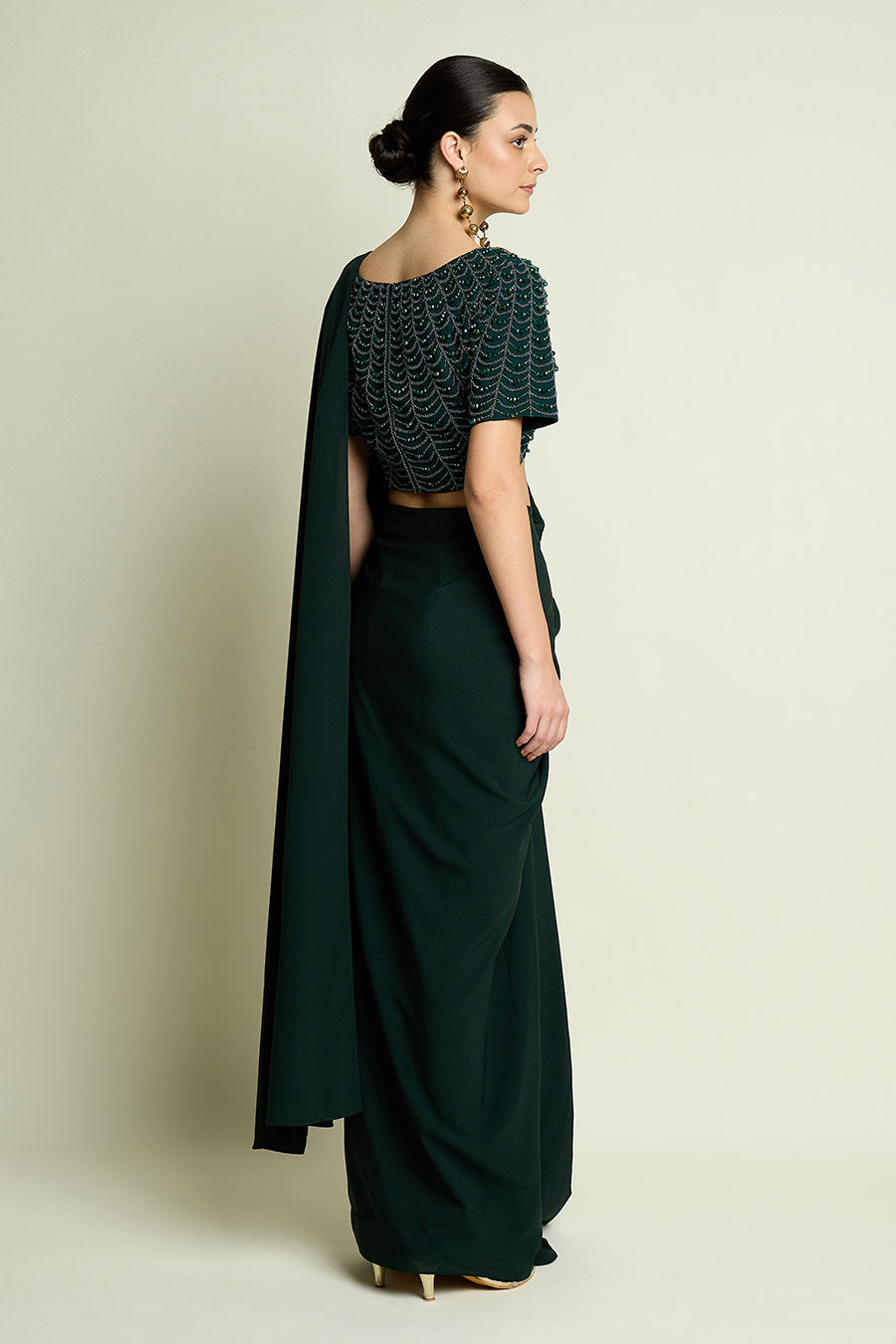 Emerald Pre-Draped Saree With Embellished Blouse