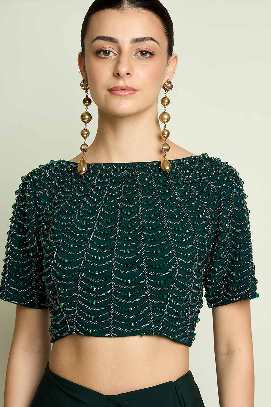 Emerald Pre-Draped Saree With Embellished Blouse