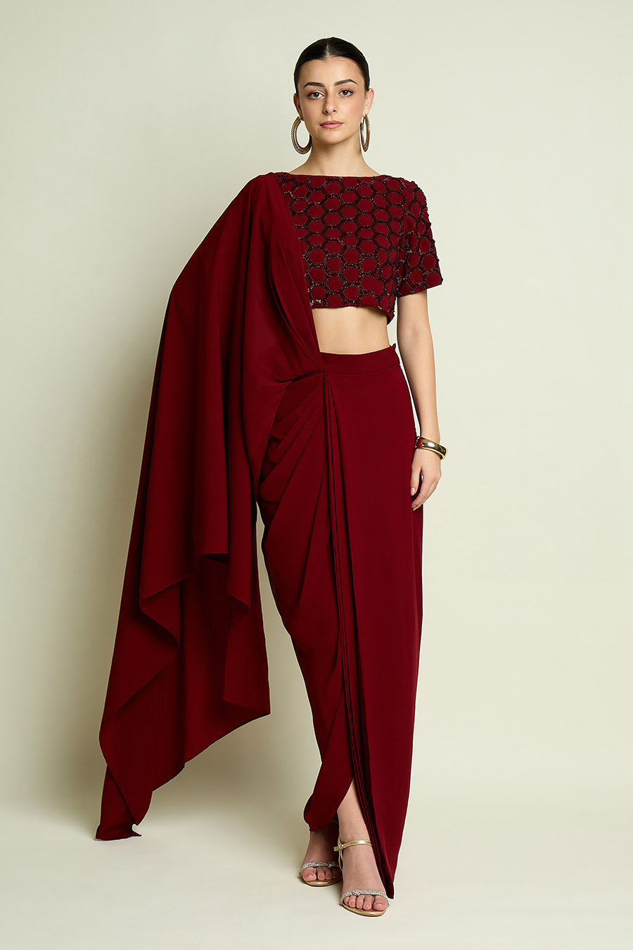 Wine Pre-Draped Saree With Embellished Blouse