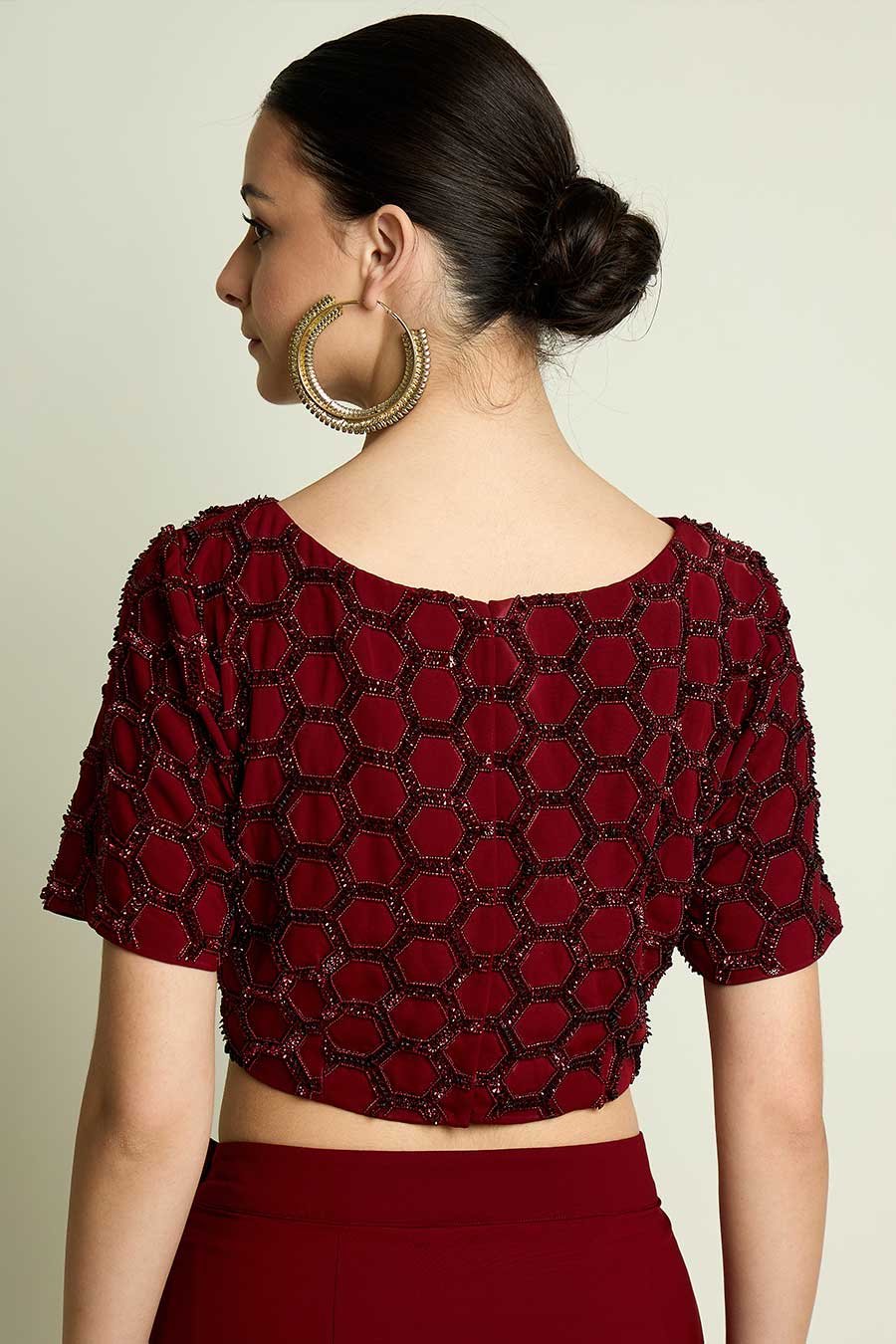 Wine Pre-Draped Saree With Embellished Blouse