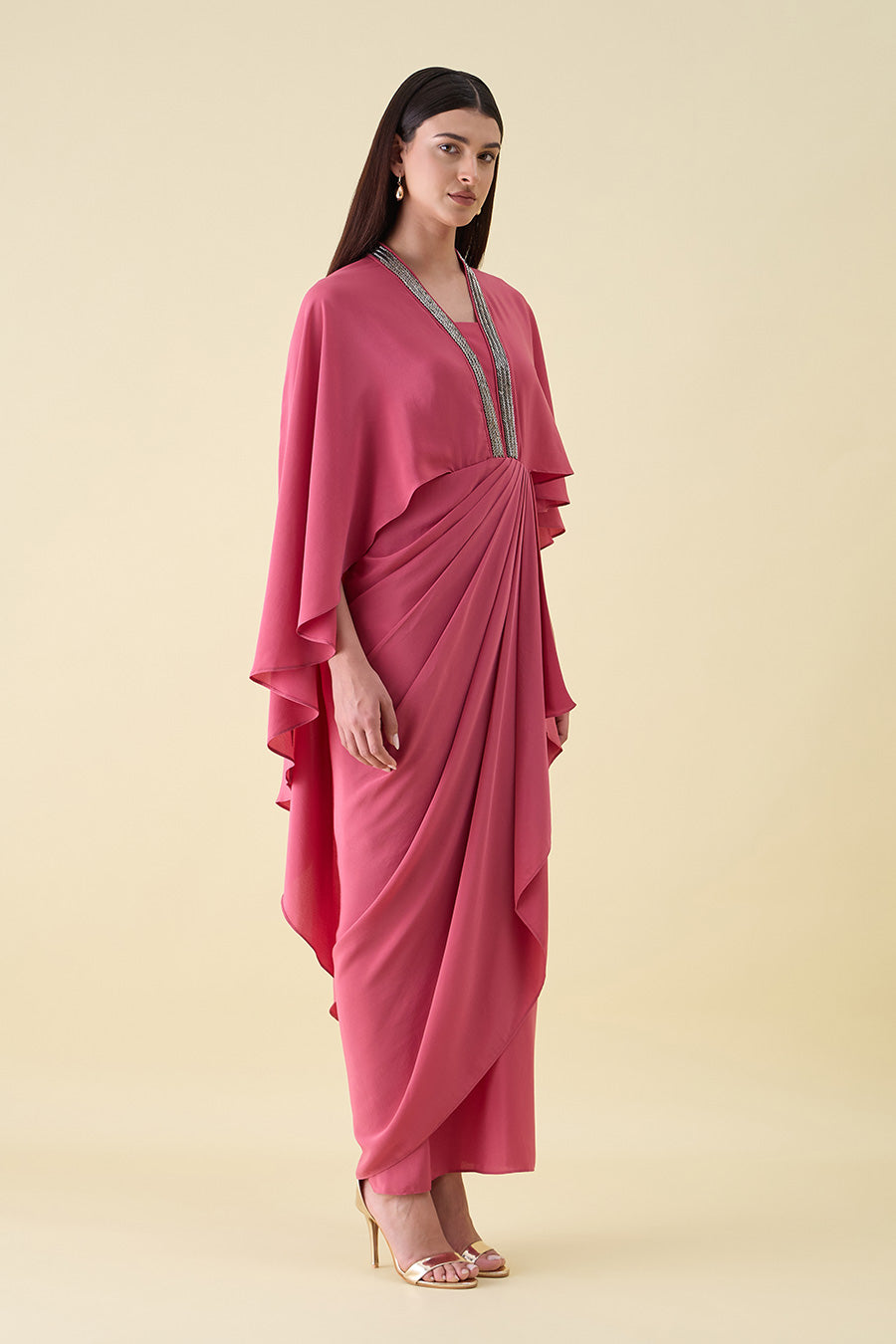 Pink Metallic Embellished Lounge Drape Dress