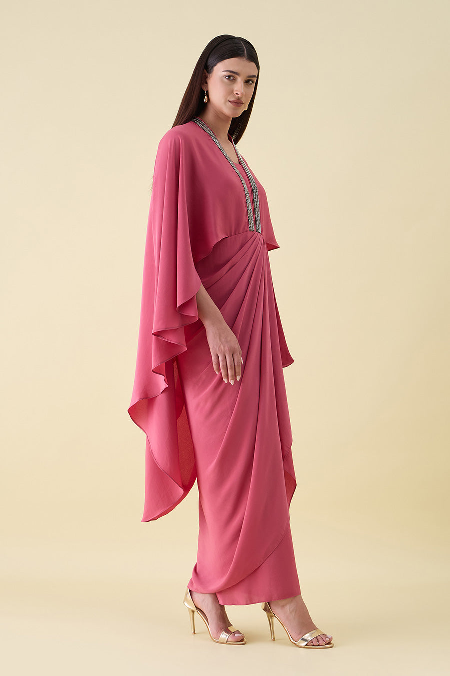 Pink Metallic Embellished Lounge Drape Dress