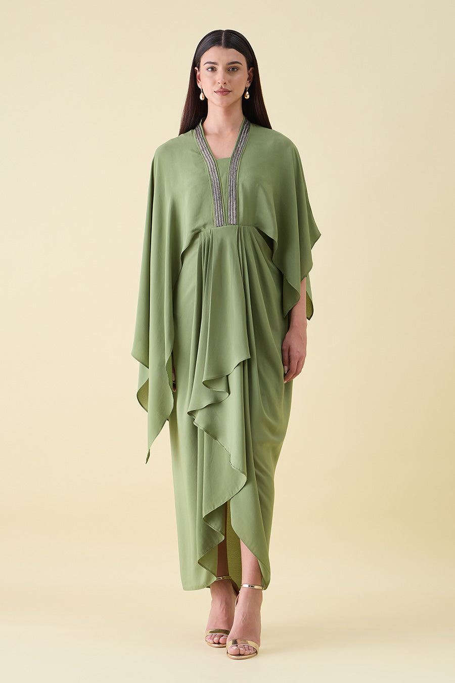 Green Metallic Embellished Lounge Drape Dress