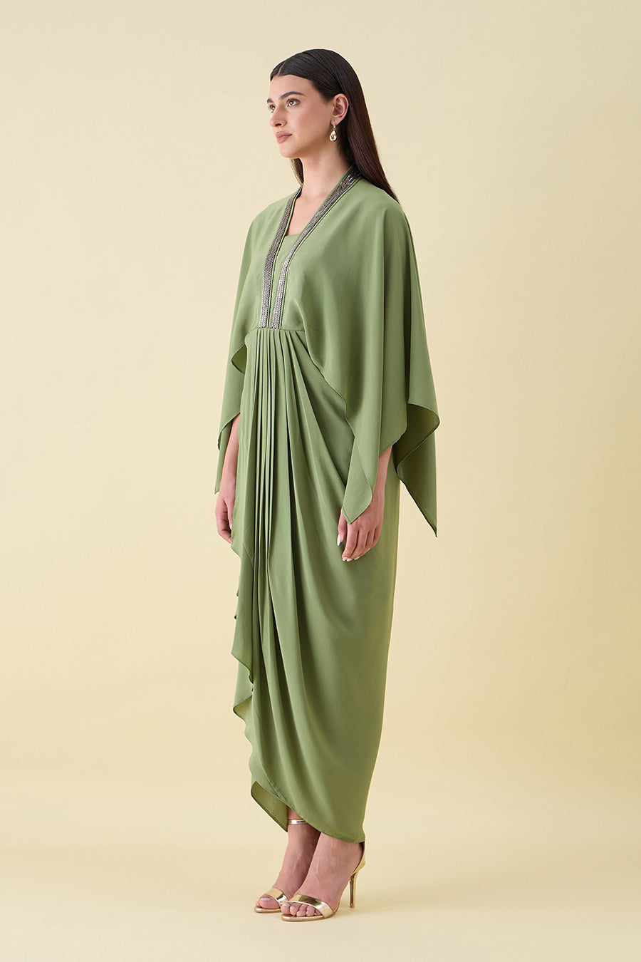 Green Metallic Embellished Lounge Drape Dress