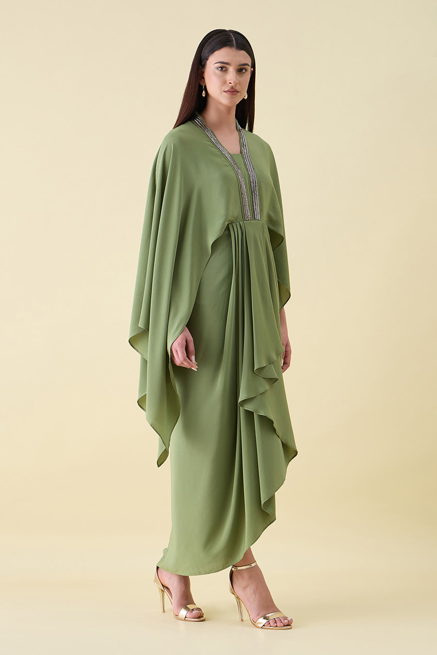Green Metallic Embellished Lounge Drape Dress