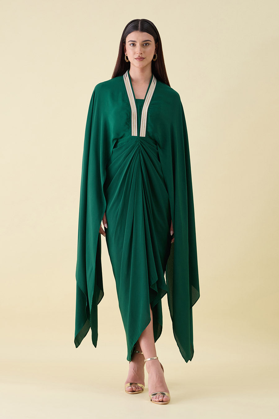Emerald Green Metallic Embellished Drape Dress