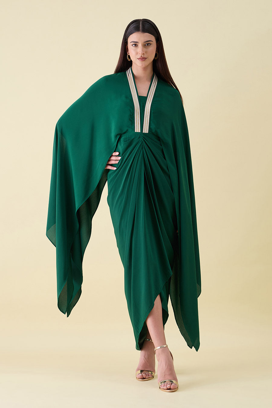 Emerald Green Metallic Embellished Drape Dress