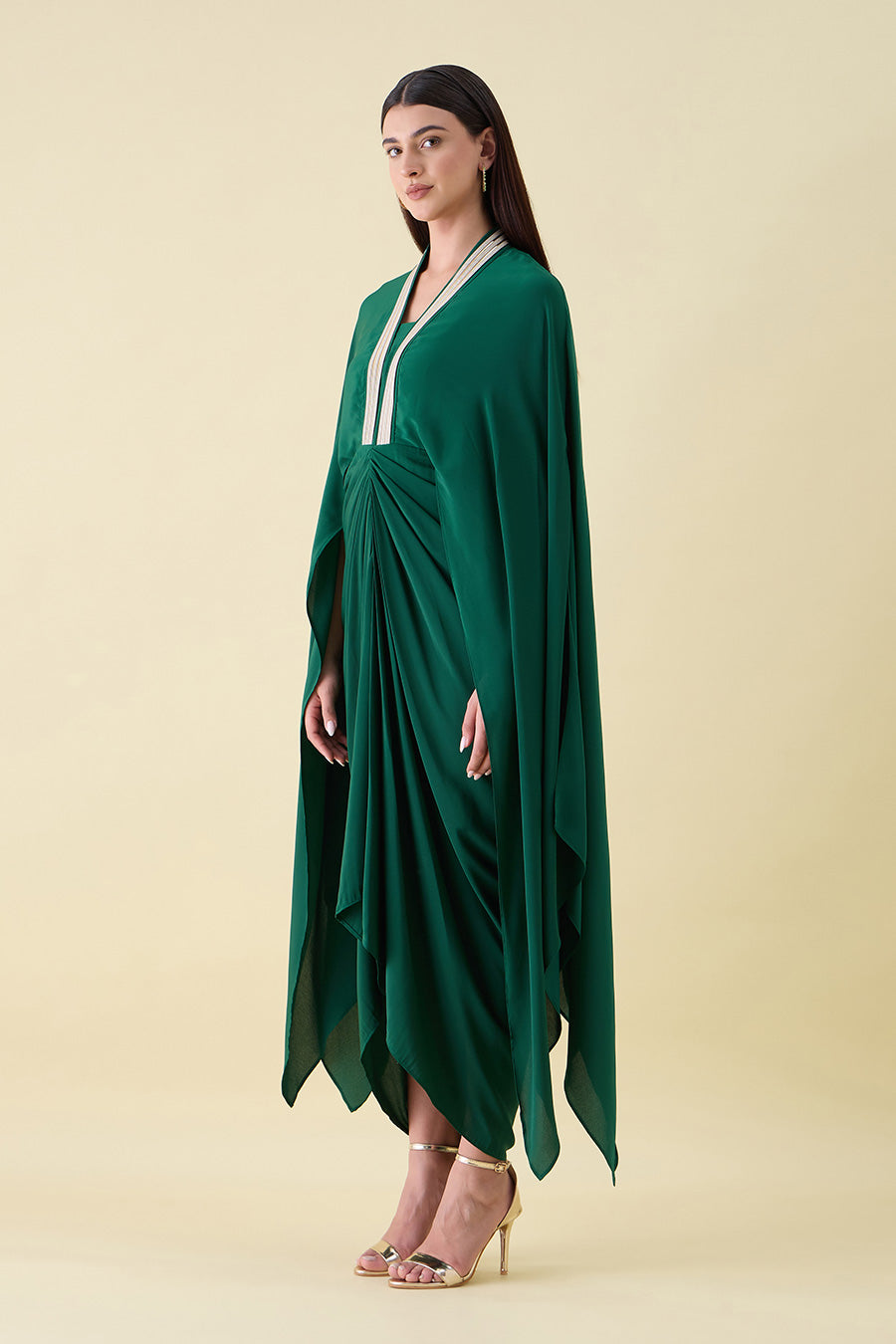 Emerald Green Metallic Embellished Drape Dress