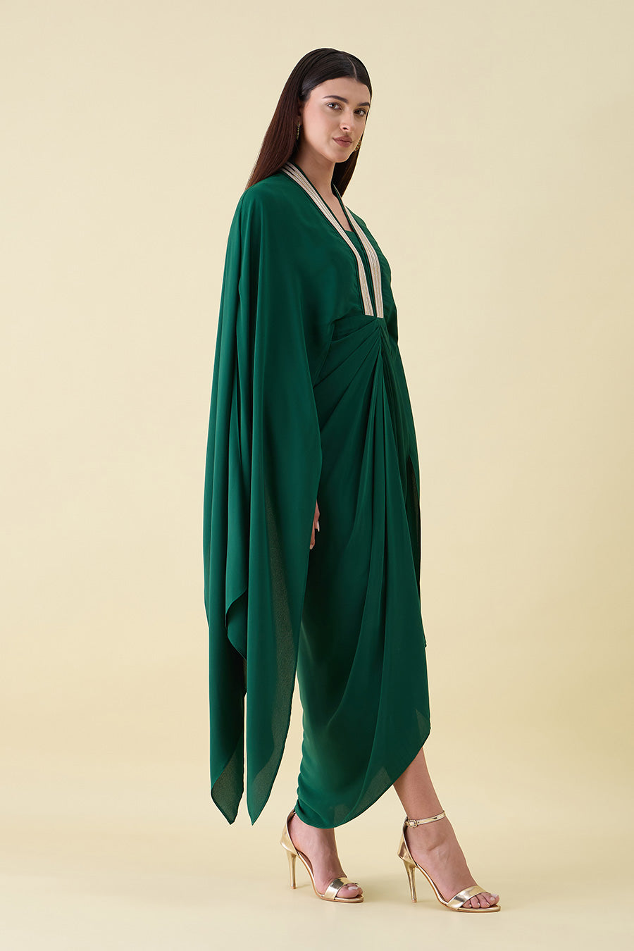 Emerald Green Metallic Embellished Drape Dress