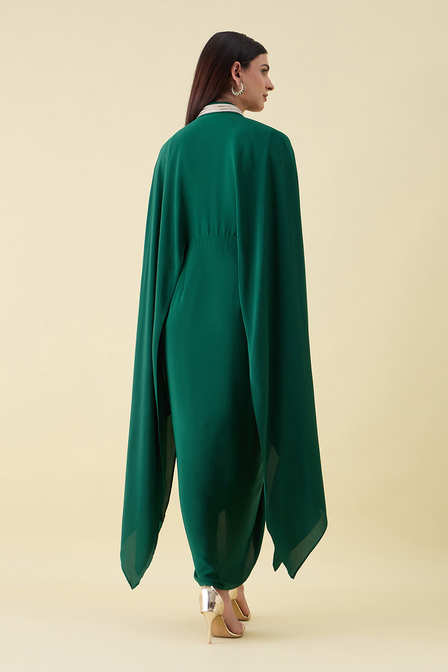 Emerald Green Metallic Embellished Drape Dress
