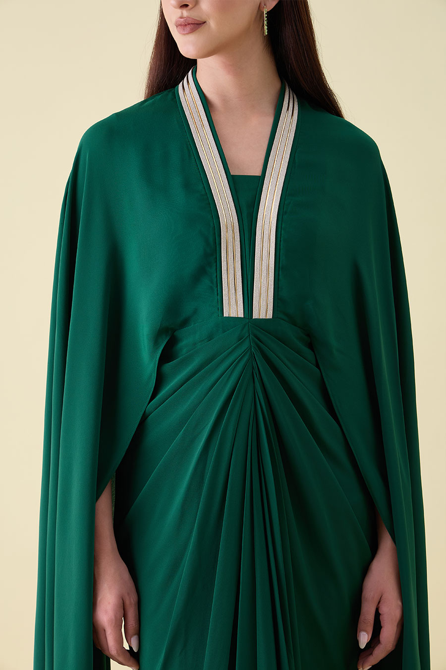 Emerald Green Metallic Embellished Drape Dress