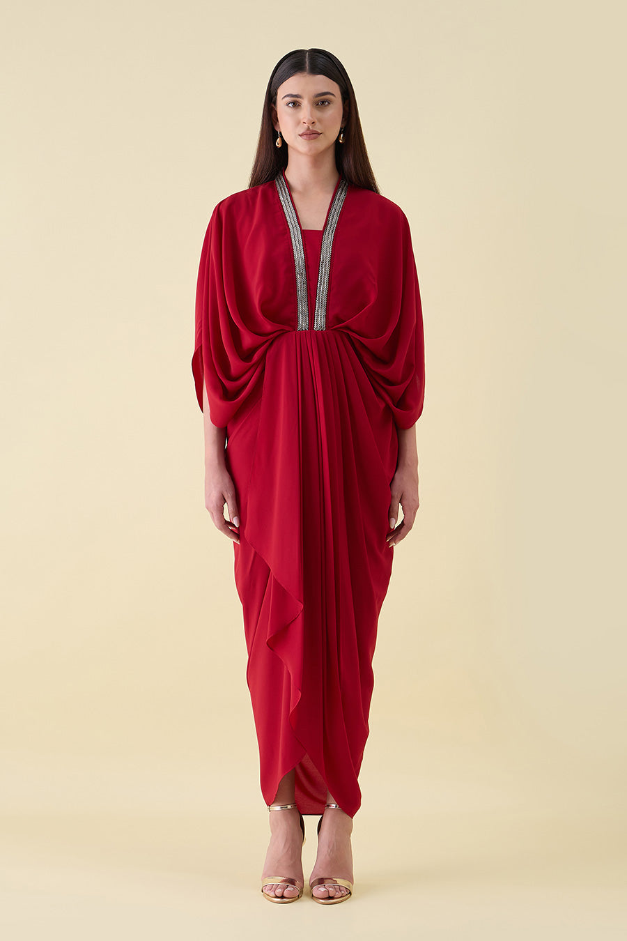 Red Metallic Embellished Lounge Drape Dress