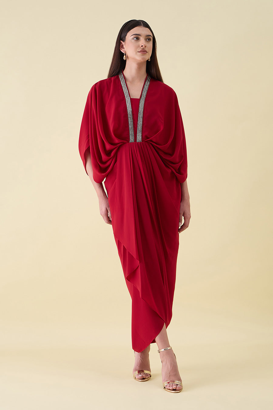 Red Metallic Embellished Lounge Drape Dress