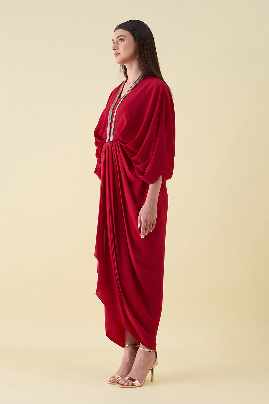 Red Metallic Embellished Lounge Drape Dress