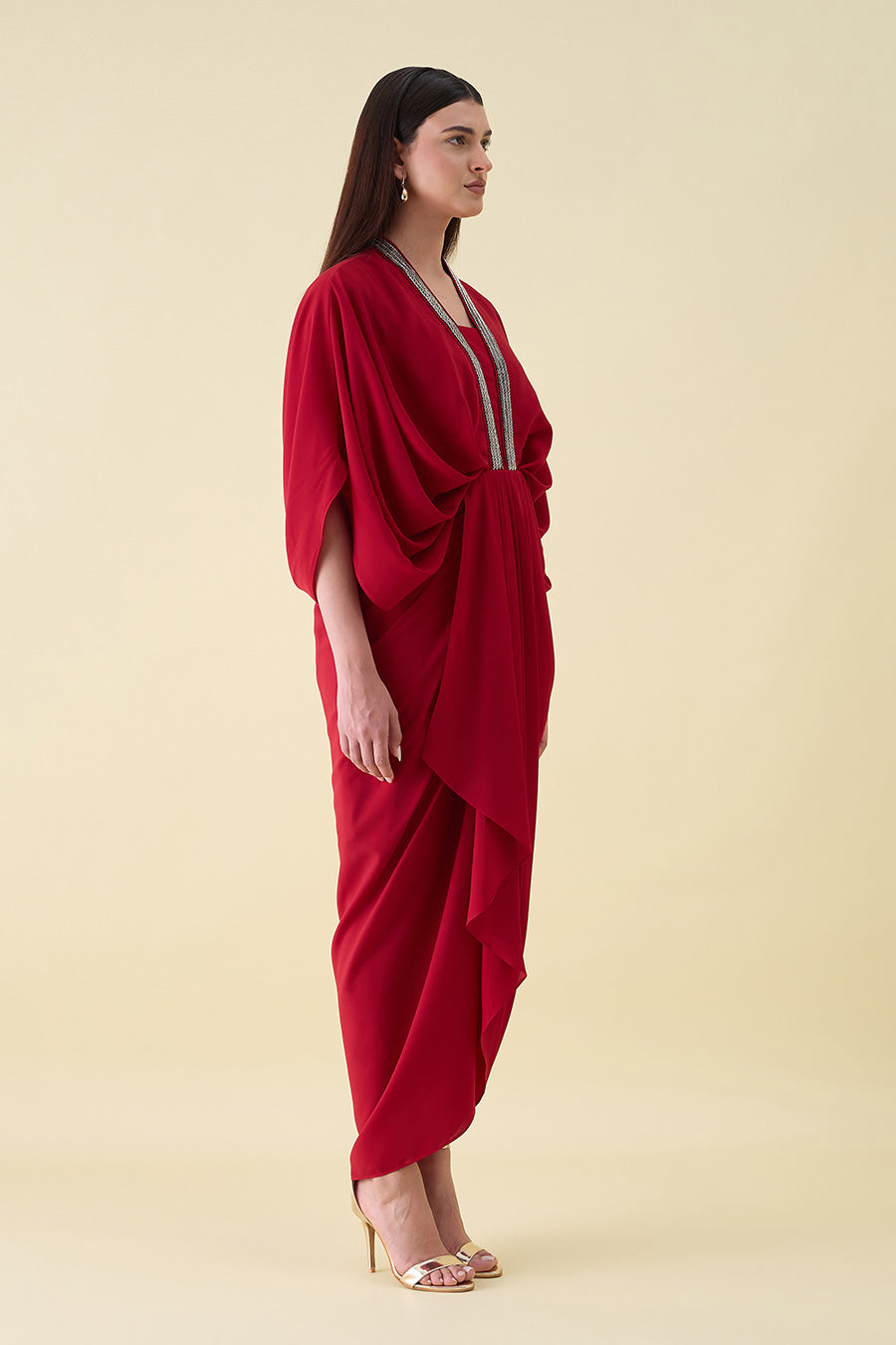 Red Metallic Embellished Lounge Drape Dress