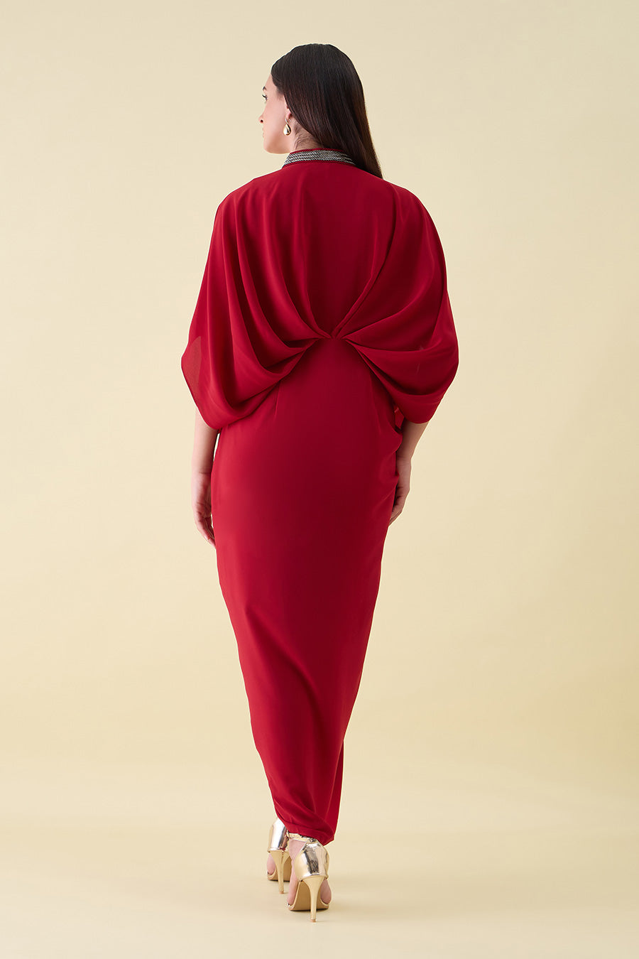 Red Metallic Embellished Lounge Drape Dress