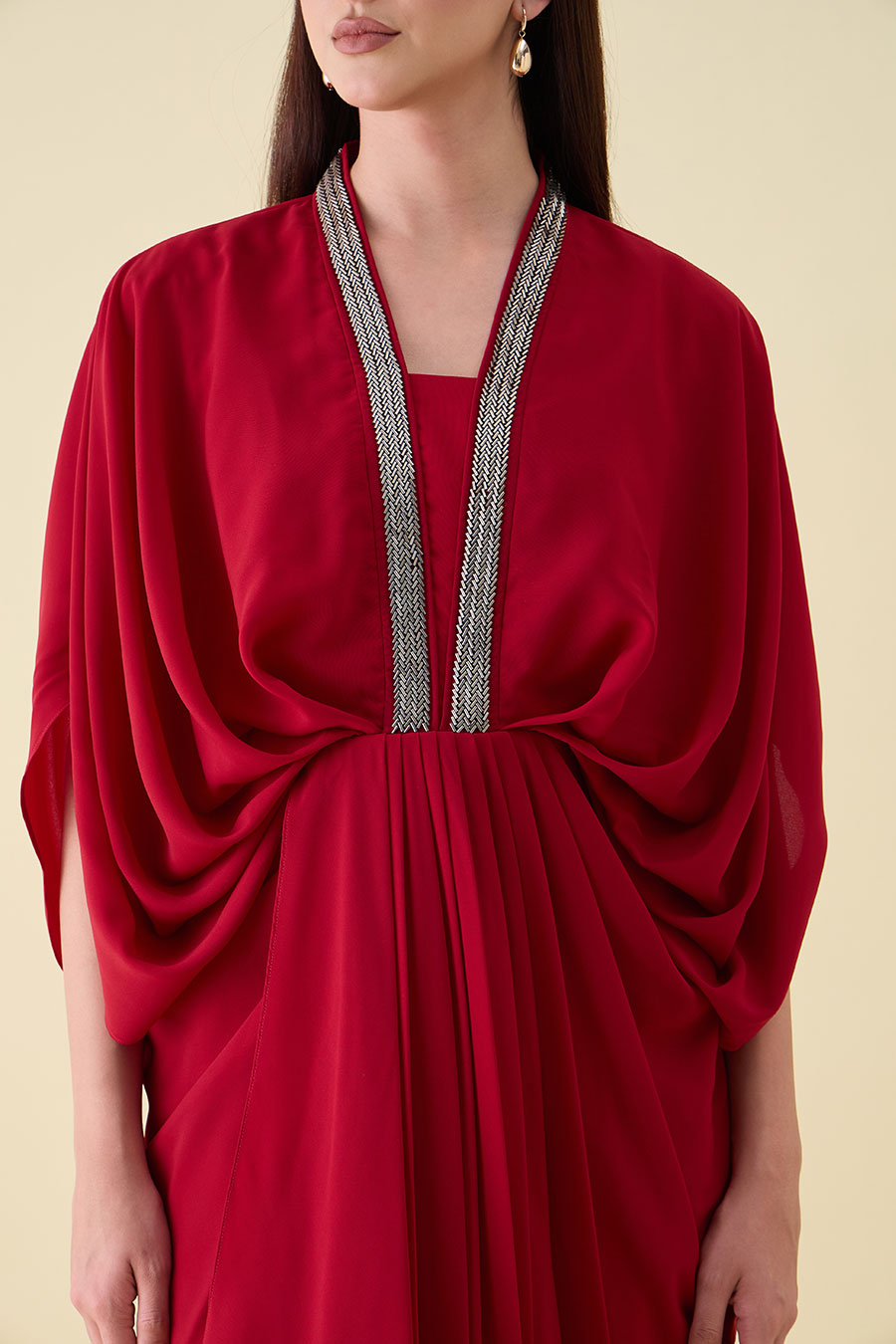 Red Metallic Embellished Lounge Drape Dress