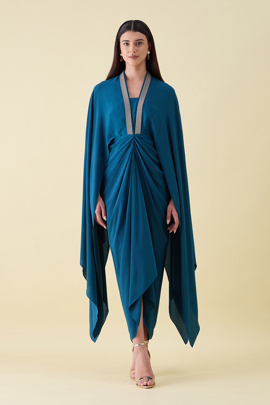 Teal Metallic Embellished Lounge Drape Dress