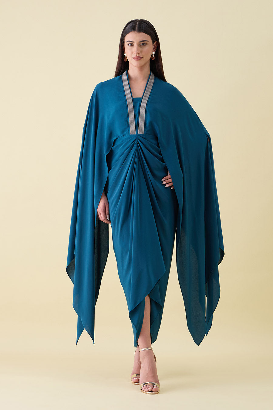 Teal Metallic Embellished Lounge Drape Dress