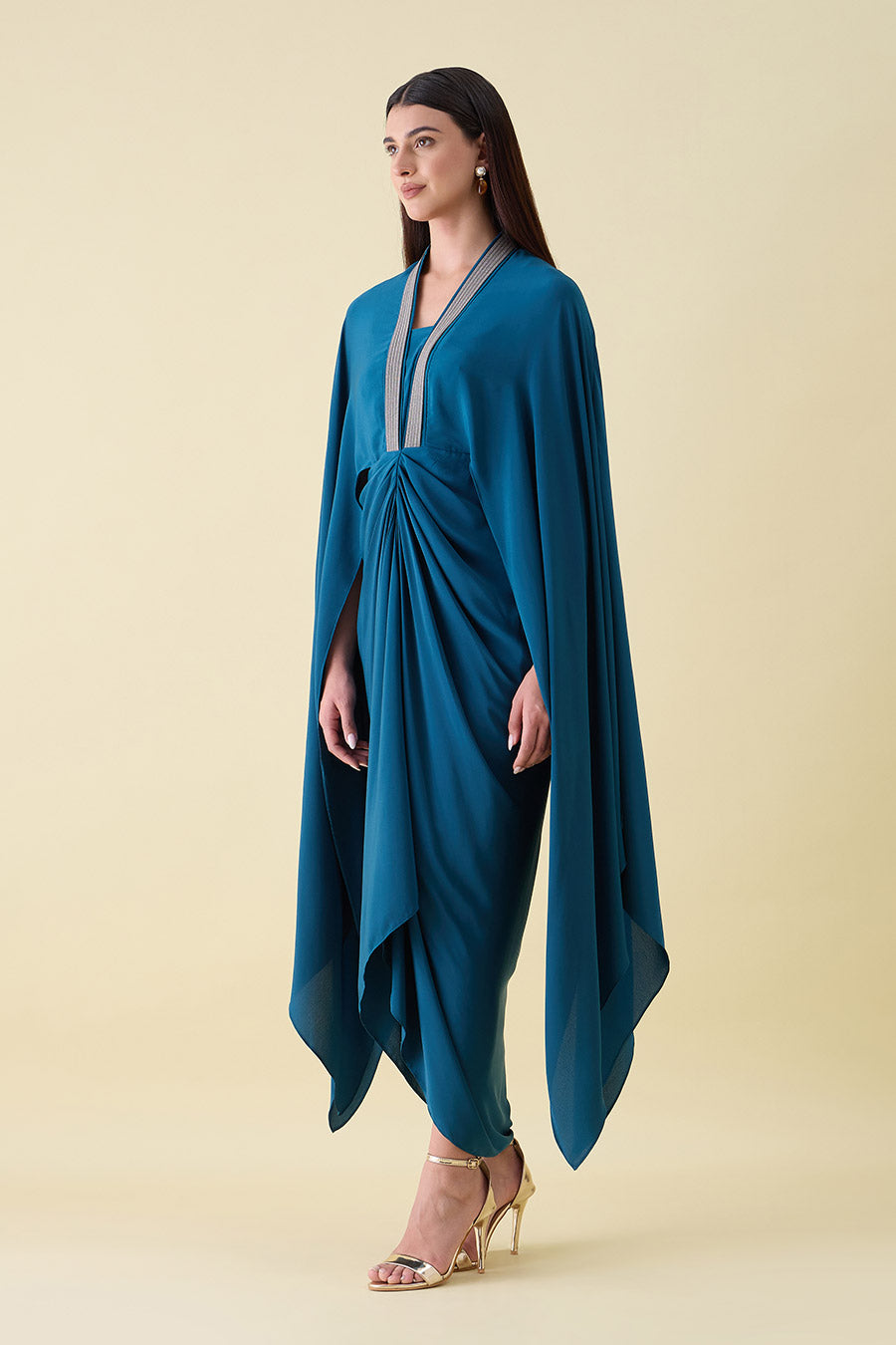 Teal Metallic Embellished Lounge Drape Dress