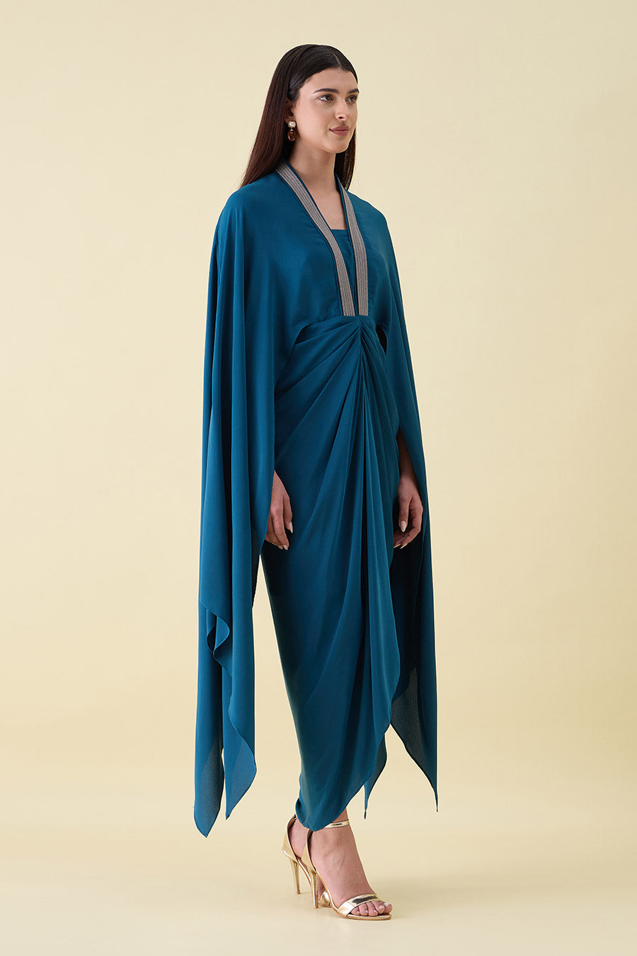 Teal Metallic Embellished Lounge Drape Dress