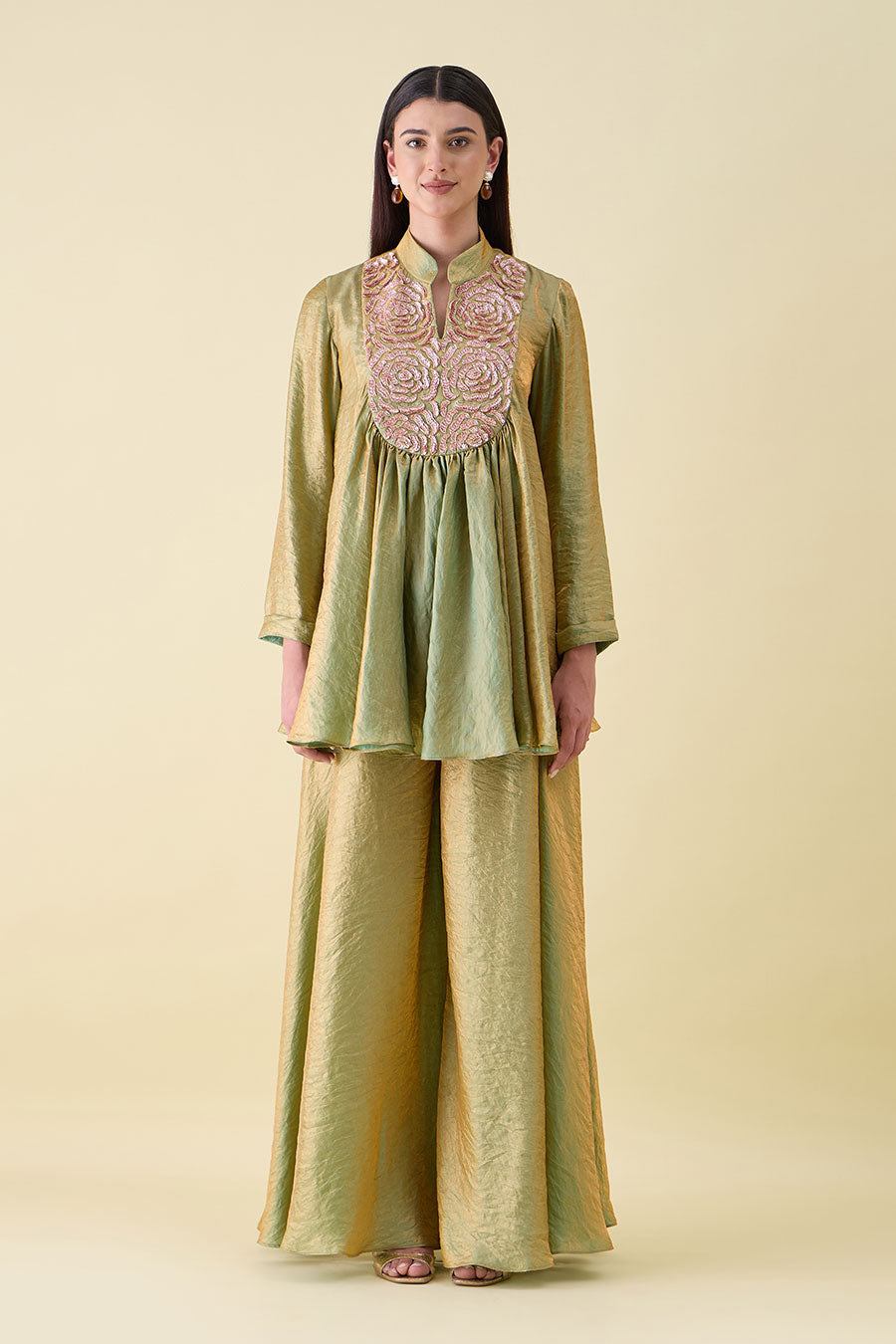 Green Dual Silk Embellished Peplum Co-Ord Set