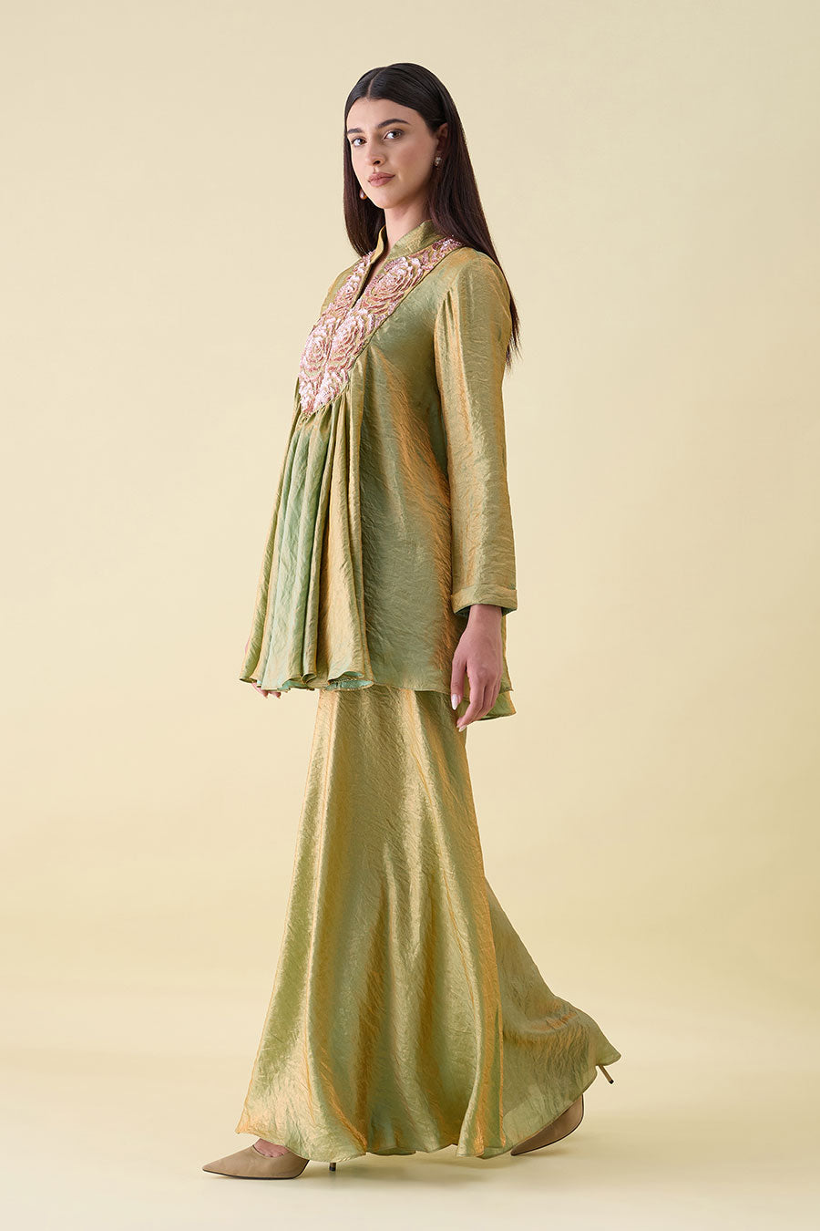 Green Dual Silk Embellished Peplum Co-Ord Set
