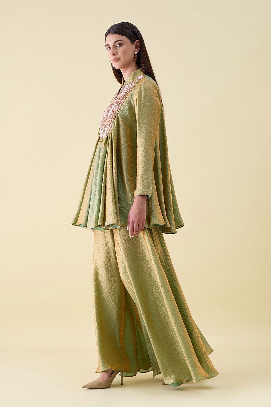Green Dual Silk Embellished Peplum Co-Ord Set