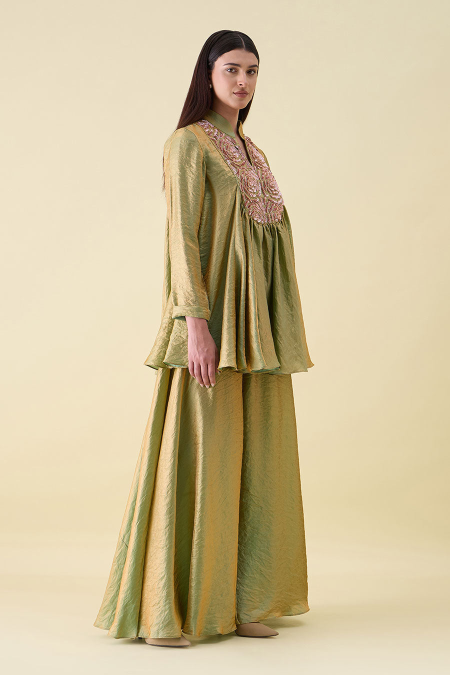 Green Dual Silk Embellished Peplum Co-Ord Set