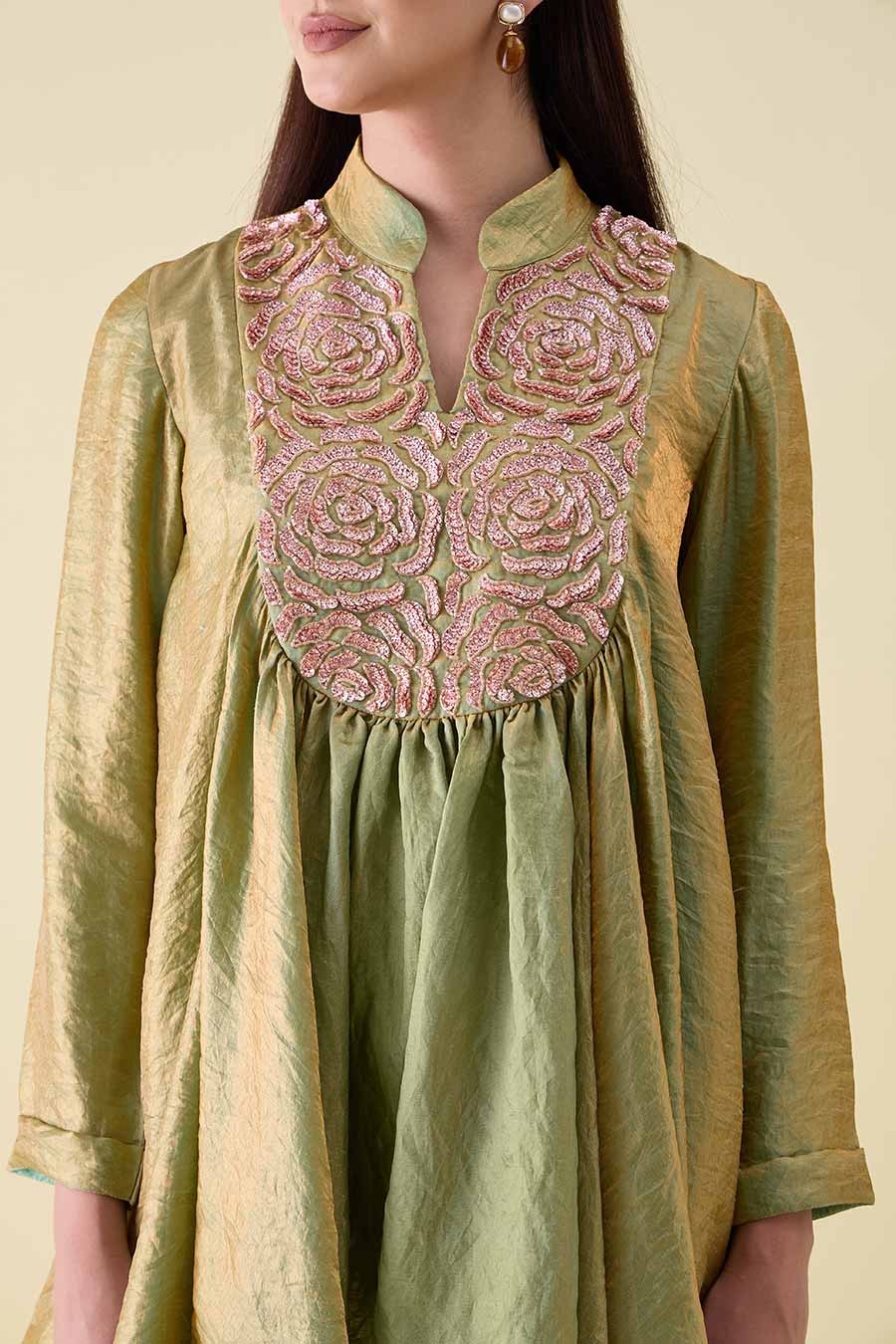Green Dual Silk Embellished Peplum Co-Ord Set