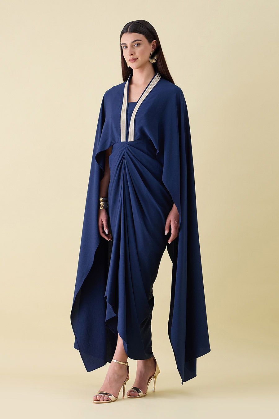 Navy Blue Metallic Embellished Lounge Drape Dress